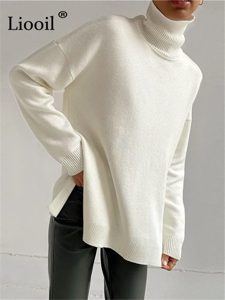 Streetwear Baggy Turtleneck Sweater Pullover Women Long Sleeve Slit Knit Tops Jumper 2022 Autumn Winter Loose Knitted Sweaters