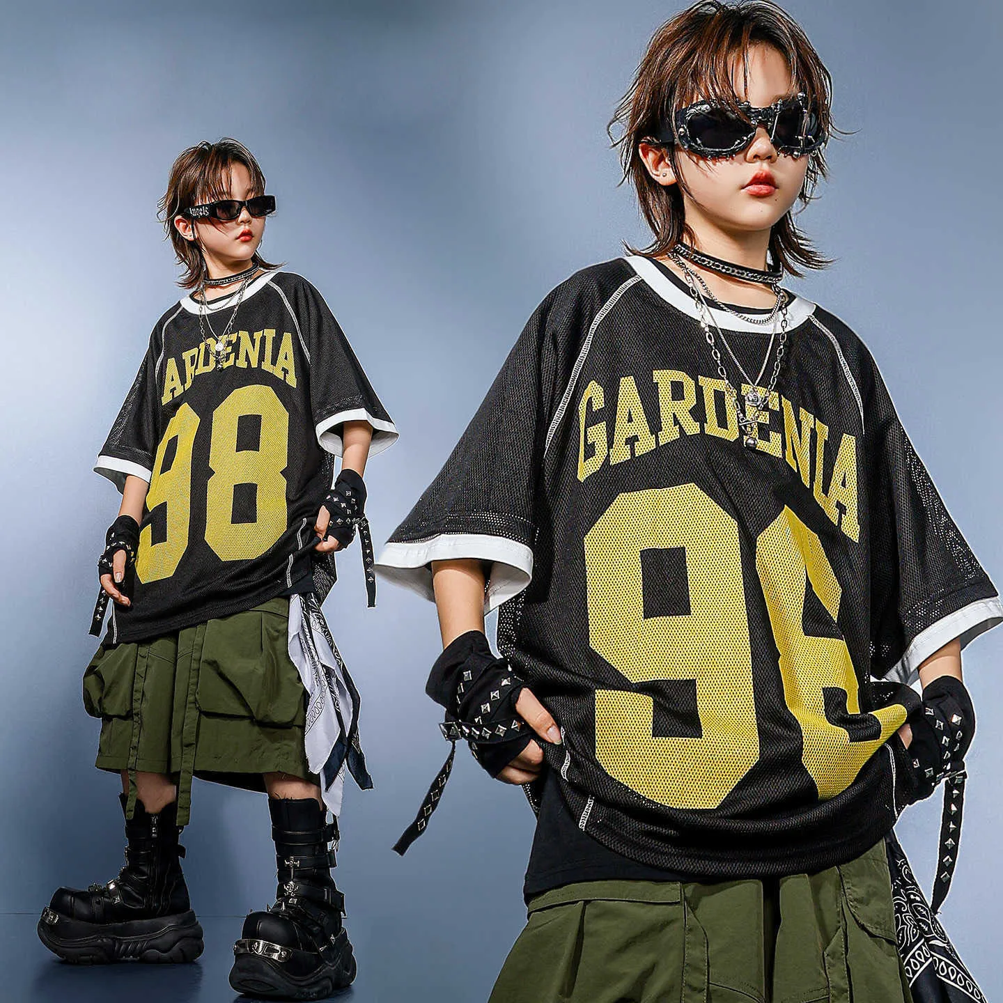 Фото Детская одежда в стиле K-pop и хип-хоп: черная сетчатая футболка, армейские зеленые шорты-карго, брюки средней длины для девочек и мальчиков, костюмы для танцев №2