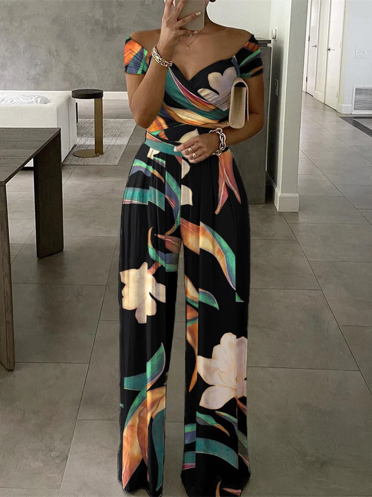 

Mandylandy Women Summer Elegant Floral Print Loose Jumpsuit Fashion Female Y2K Sleeveless V Neck High Waist Corset Wide Leg Pant