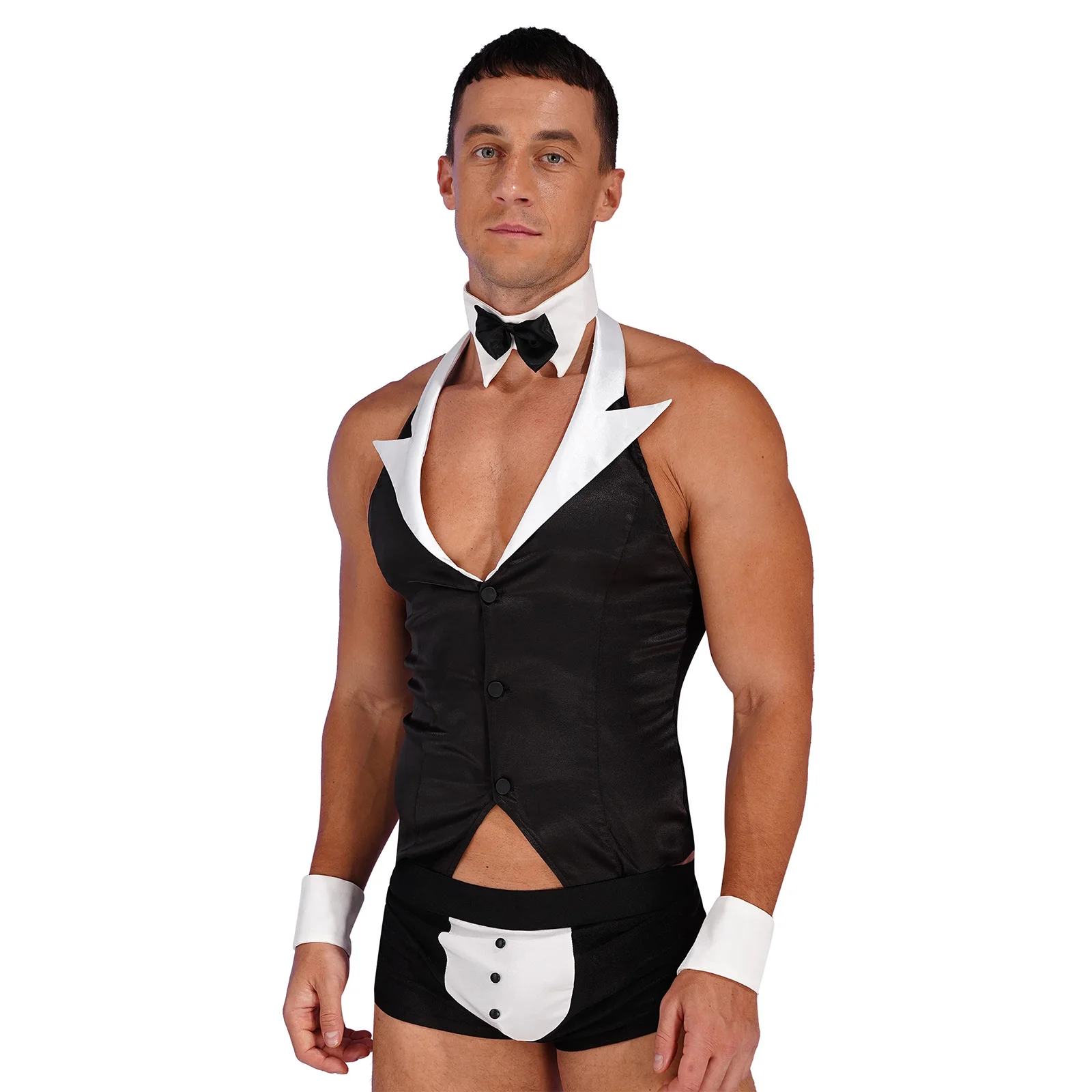 

Men Sissy Waiter Tuxedo Sexy Lingerie Servant Maid Cosplay Costume Club Party Roleplay Sleeveless Vest with Shorts Bow Tie Cuffs
