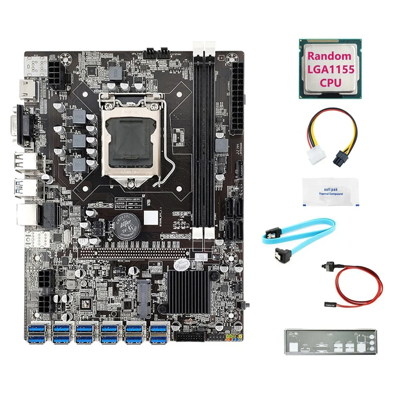 B75 12USB BTC Mining Motherboard+CPU+4Pin To 6Pin Cable+SATA Cable+Switch Cable+Baffle+Thermal Grease For ETH