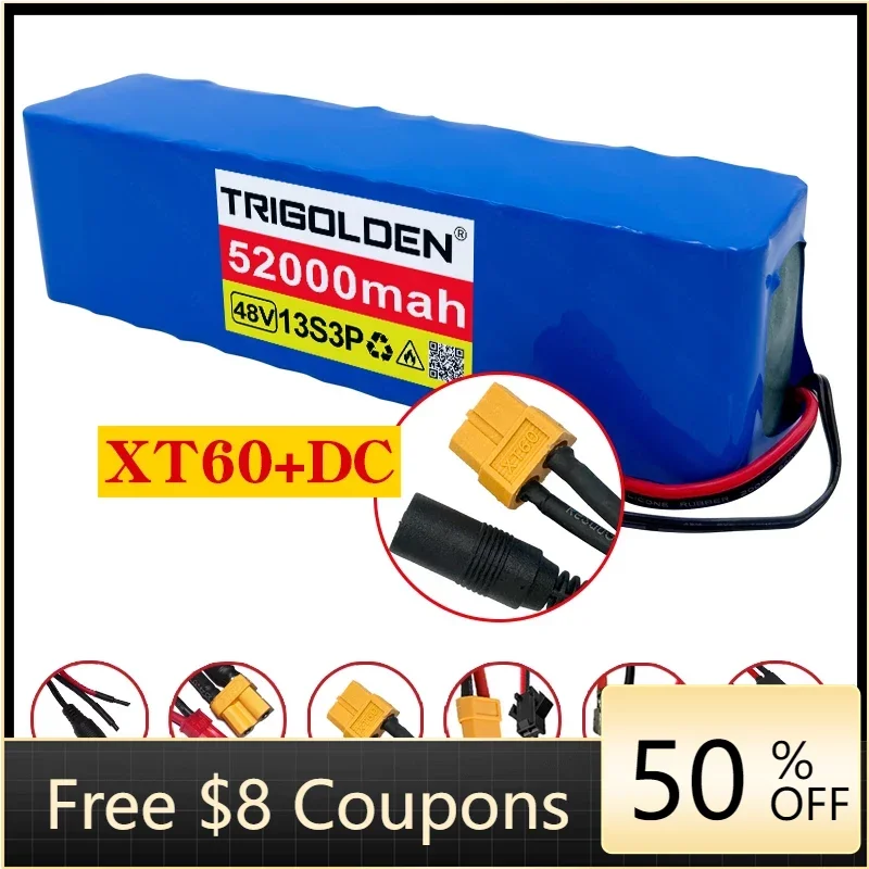 

New 48V 52000mAh 13S3P 18650 Lithium Ion Rechargeable Battery Pack Electric Bicycle Scooter Belt BMS M365 48V 52Ah Battery