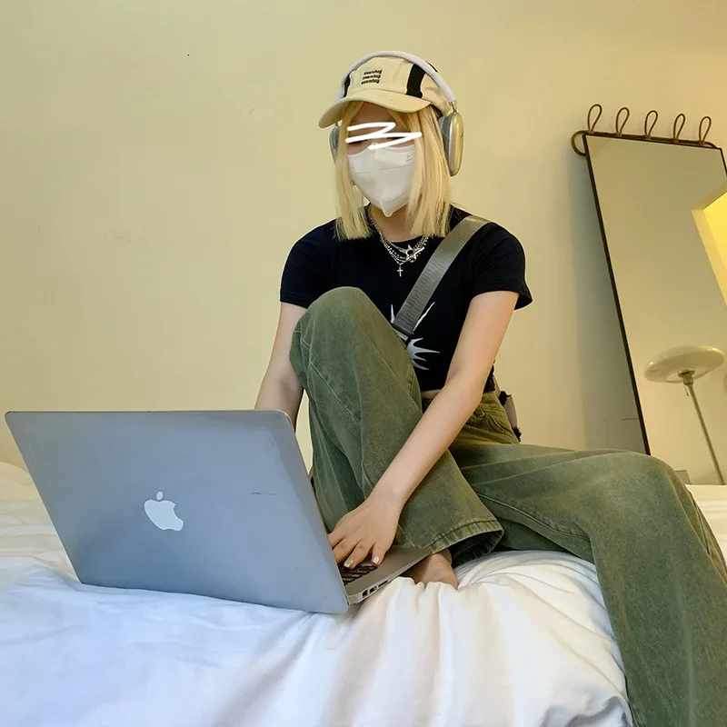 New Spring and Autumn High Waist Women's Jeans Small Green Straight Mop Trousers Loose Burrs Wide Leg