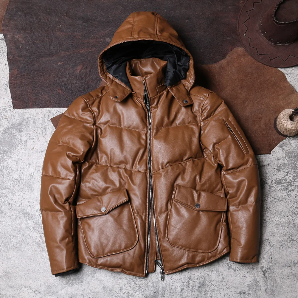 

Asian Size High Quality Super Warm Genuine Cow Skin Leather Coat Casual Cowhide Down Jacket 350G