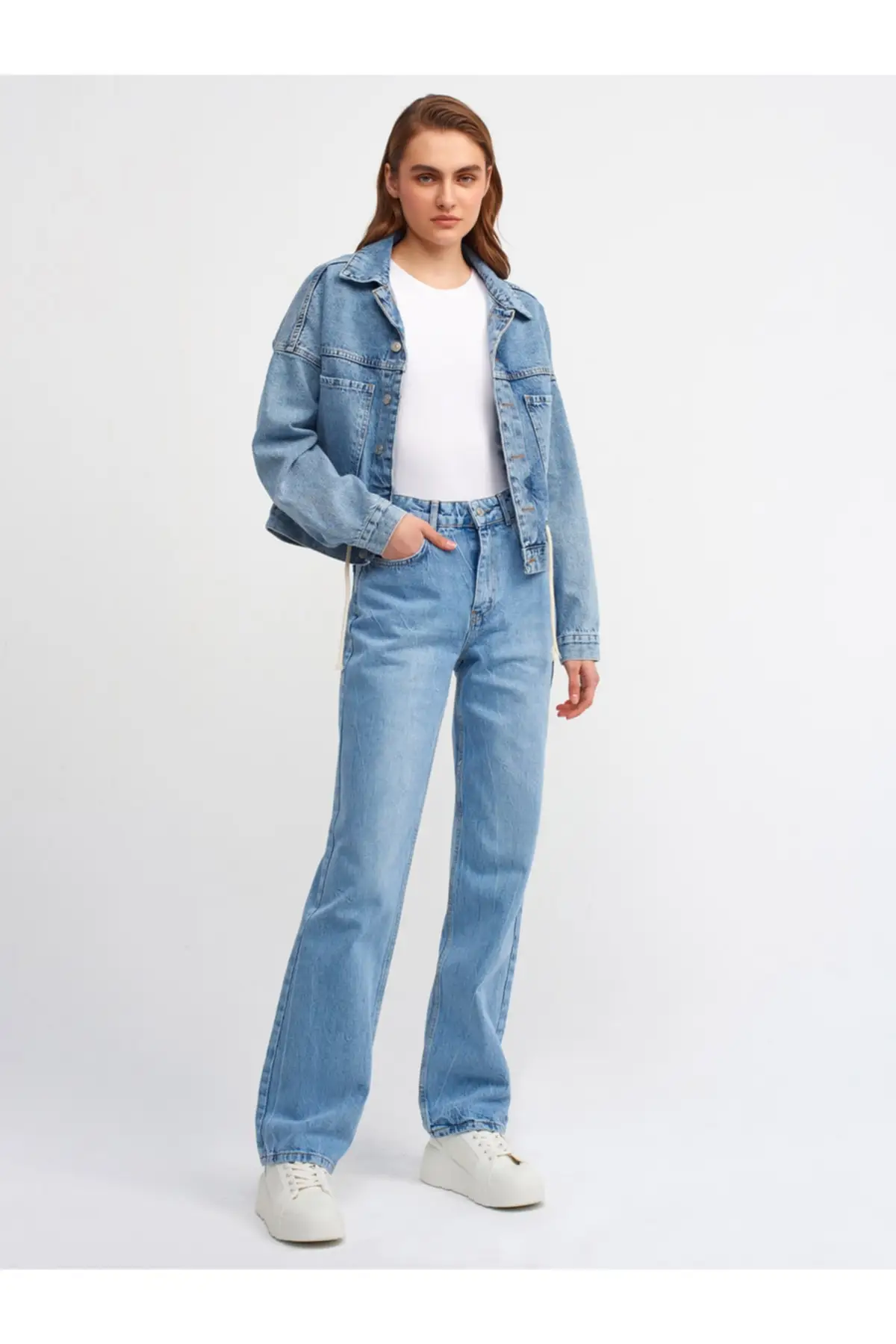 

Women's Jean Mesh Mesh Trousers Trousers Blue Full Length Straight Pant Streetwear Female Buttons Zipper Ladies