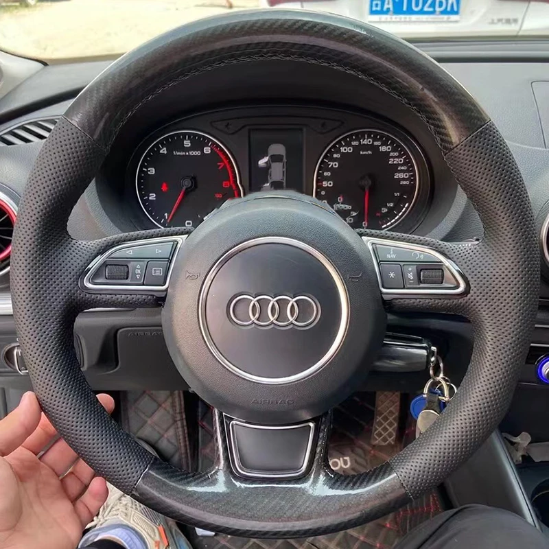 Сшитая вручную черная углеродная натуральная кожа чехол на руль для Audi A3 8V Sportback A4