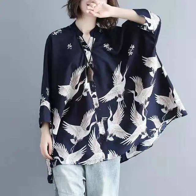 

Harajuku Blusas Tops Vintage Crane Printed Shirt Chiffon Batwing Sleeve Womens Oversized Blouse