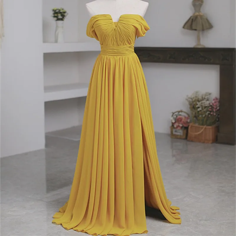 

Long Dresses Evening New Off The Shoulder A-line Robe De Soiree Yellow Chiffon Simple Elegant Ever Pretty Sukienka Wieczorowa