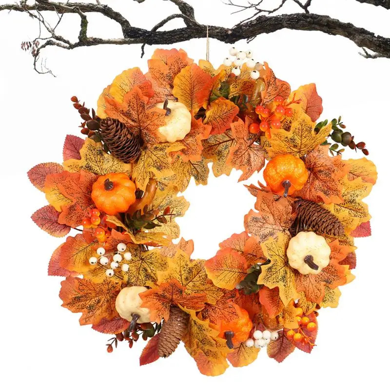 

Fall Pumpkin Wreath Artificial Autumn Wreath For Front Door Farmhouse Rustic Hanger Decor With Autumn Maples Leaf For Seasonal