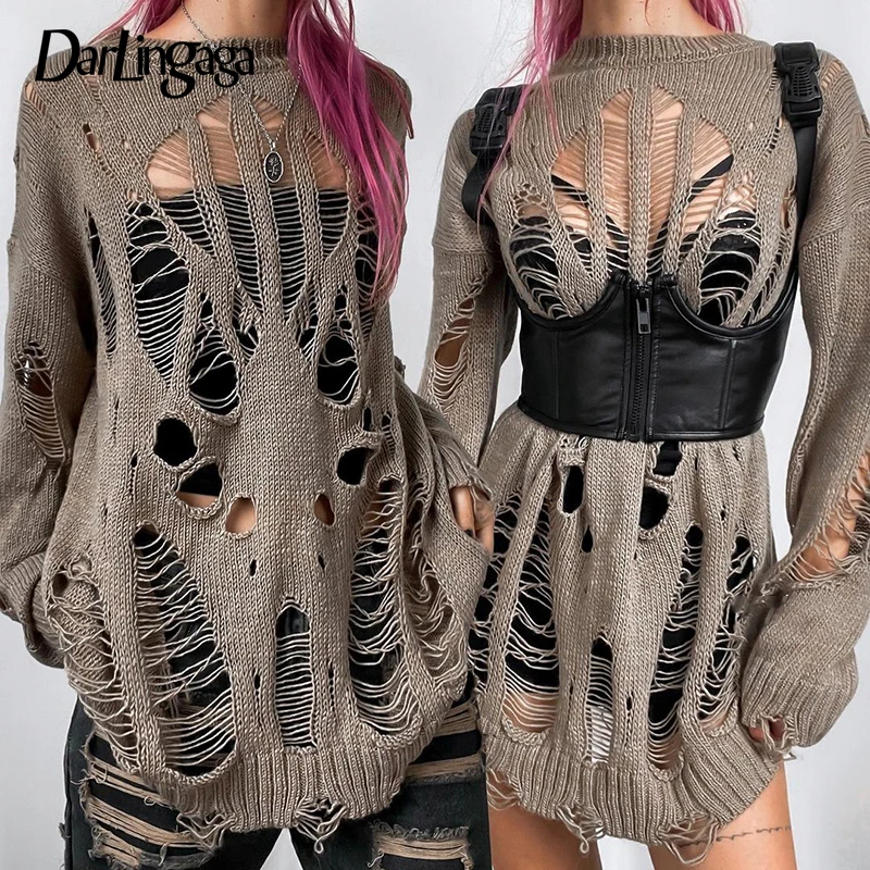 

Darlingaga Grunge Vintage Ripped Hole Knitted Sweater Smock Streetwear Y2K Clothes Holidays Hollow Out Fairycore Pullover Loose