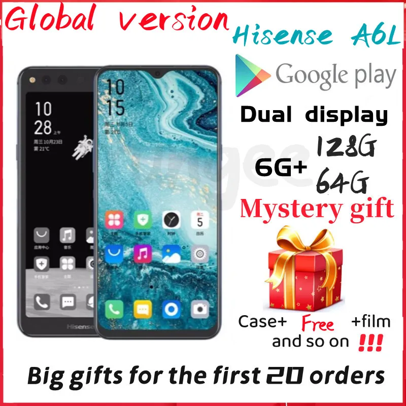 Google play store Hisense A6L Ebook eink reader Dual Screen phone 6GB 128GB Android 9.0 Cellphone 6.63" AMOLED+5.84" Ink Display