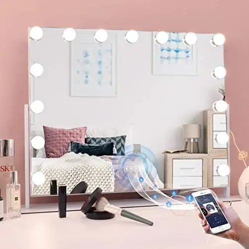 

Vanity Mirror with Lights and Bluetooth, 360 Degree Rotating Lighted Makeup Mirror with 15 Dimmable LED Bulbs for Dressing Room