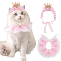 1set pet crown lace combination cat costumes birthday collar pet scarf birthday party dress dog bandanas cat crown accessories