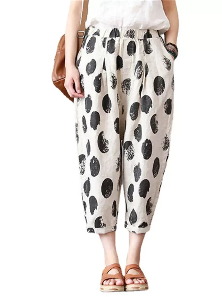

2022NEW Cotton Linen Women Casual Pants Fashion Loose Long Pants Elastic Waist Dot Floral Leaf Geometric Plaid Trousers Pantalon