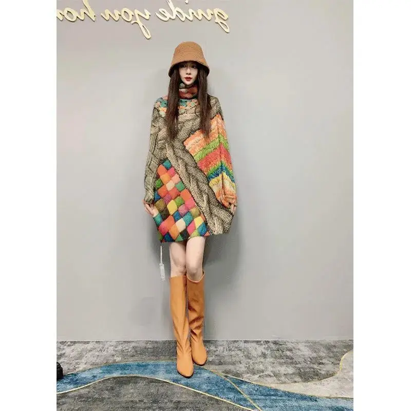 

Women's Mink Fleece Print 2022 Spring and Autumn New Turtleneck Sweater Stretch Mid-Length Fashion Casual Mink Fleece Dress
