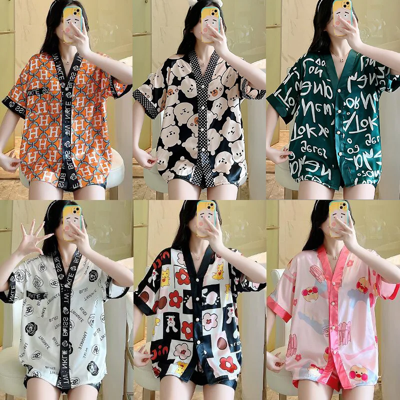 New style pajamas women's ice silk V-neck cardigan, short-sleeved shorts suit, oversized household clothes women