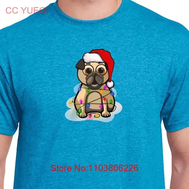 Рождественская хлопковая футболка с мопсом 100 сапфирово-синяя длинными или