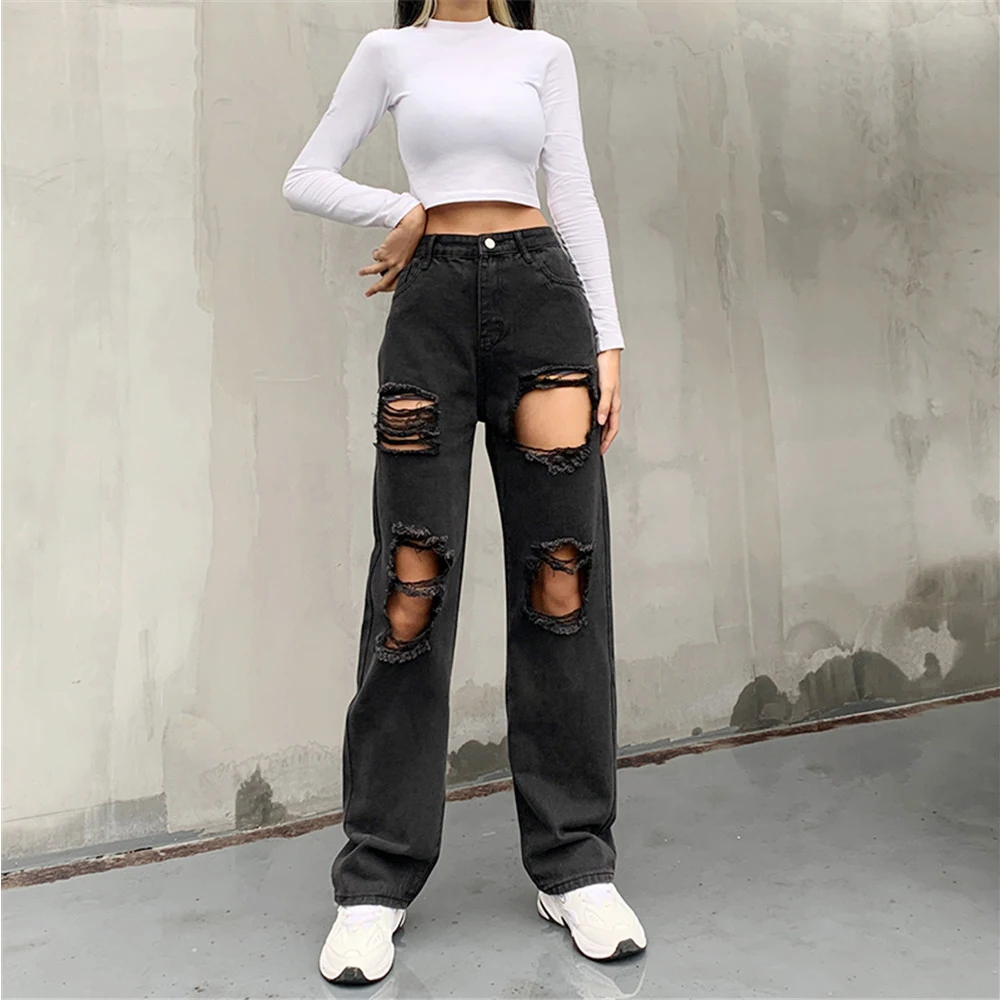 

2022 Black Ripped Jeans for Women Streetwear Vintage Hole Hollow Out Casual High Waist Hole Mom Jeans Woman Baggy Trousers
