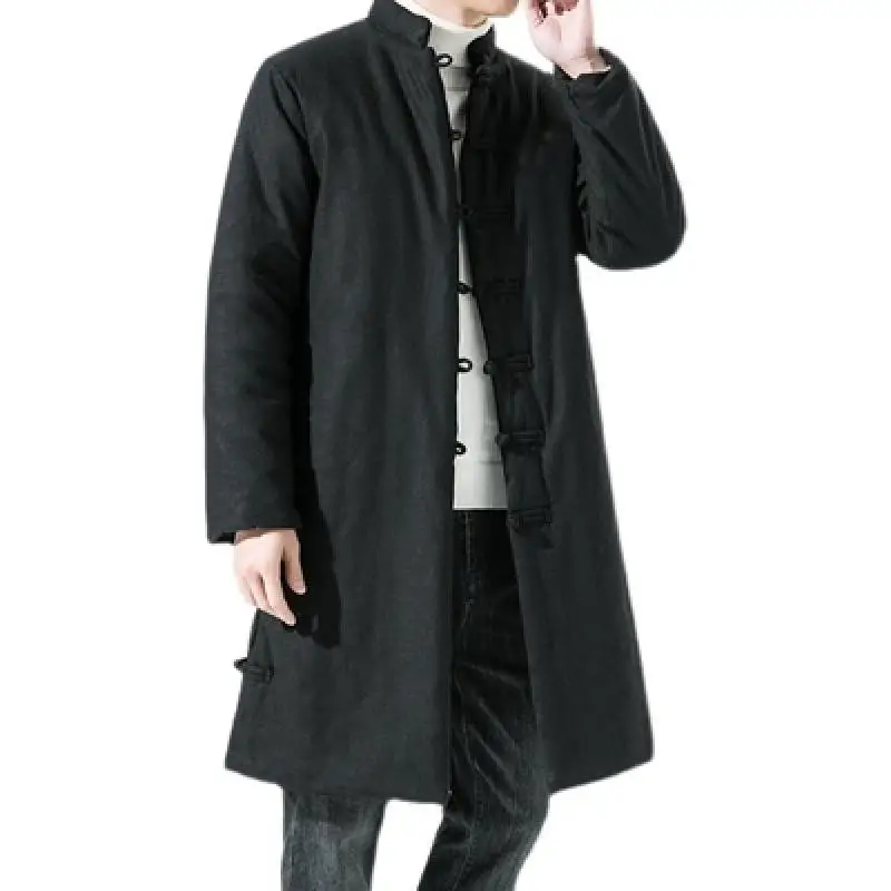 High Quality Hanfu Chinese Style Tang Suit Linen Thick Cotton Coat Winter Chinos Clothes Men Long Black Navy China Jacket Tops