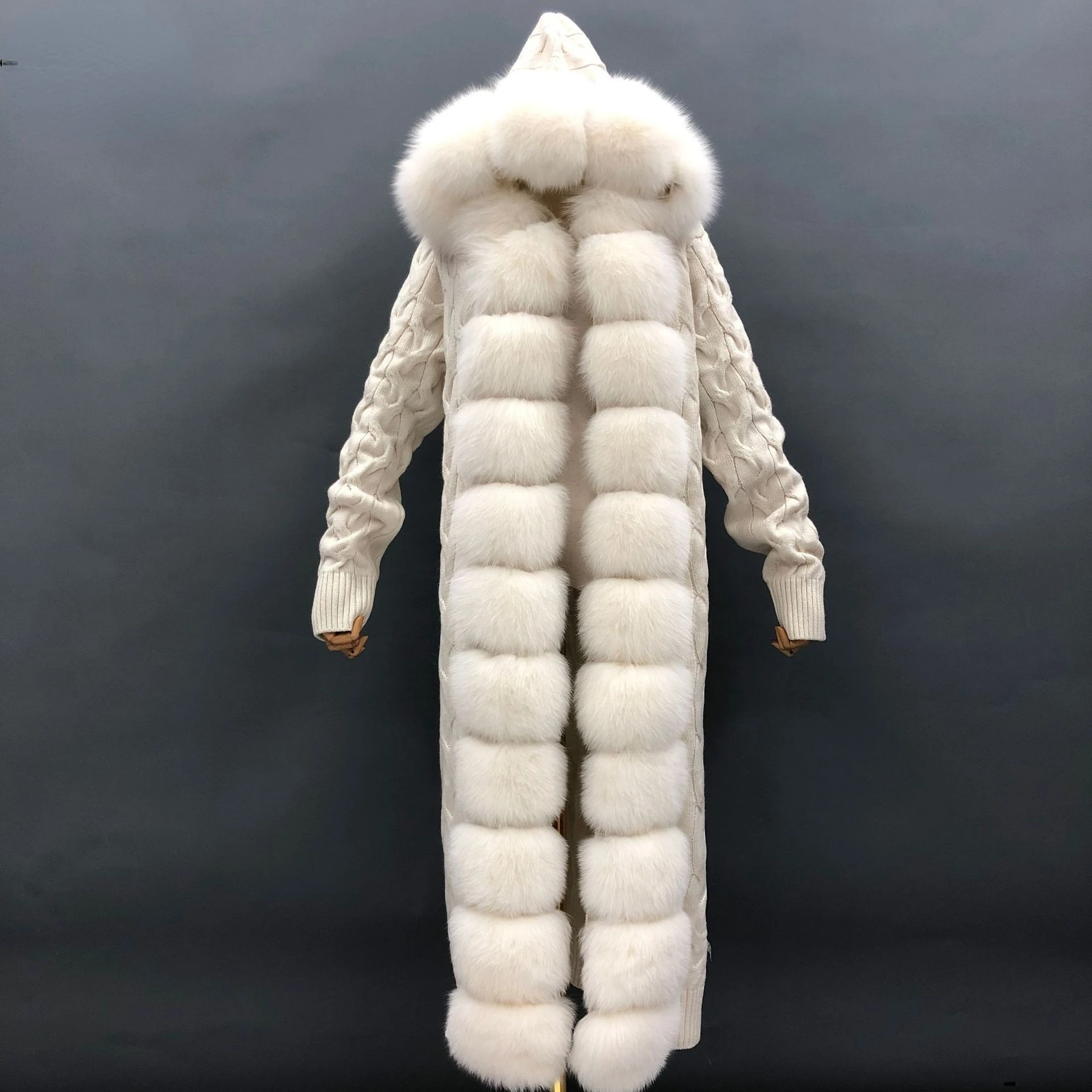 Winter Women's X-Long Casual Fashion Belt Thick Warm Fleece Hat Knit Sweater Cardigan with Real Fox Fur One Piece Top