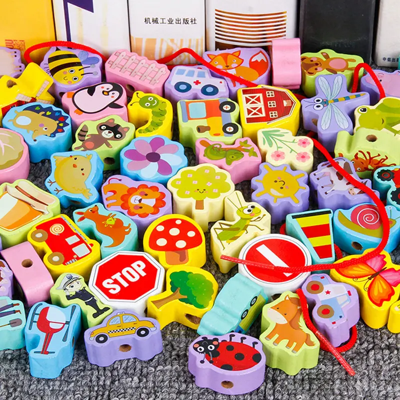 Baby Rope the String Game Children Kindergarten Supplies DIY Beads Toys Cartoon Montessori Kids Fine Motor Skills Wooden Block