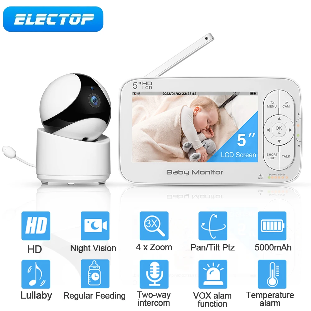 

ELECTOP 5 Inch Wireless Baby Monitor With Pan Tilt Video Camera Smart Home 2.4G Two Way Audio Night Vision Security Camera