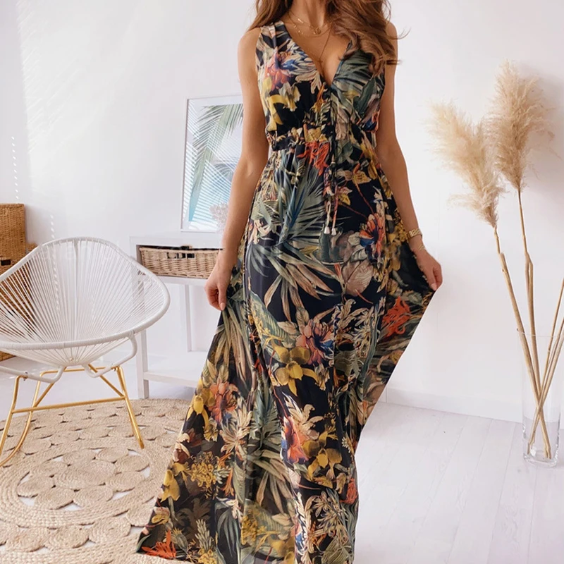 

Женское винтажное пляжное платье без рукавов, свободное платье с V-образным вырезом и цветочным принтом, Повседневное платье для отпуска, лето 25434