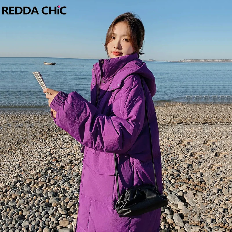 

Уличная одежда ReddaChic в Корейском стиле, длинный пуховик средней длины для женщин, пальто оверсайз, верхняя одежда с капюшоном, зима 2022, роско...