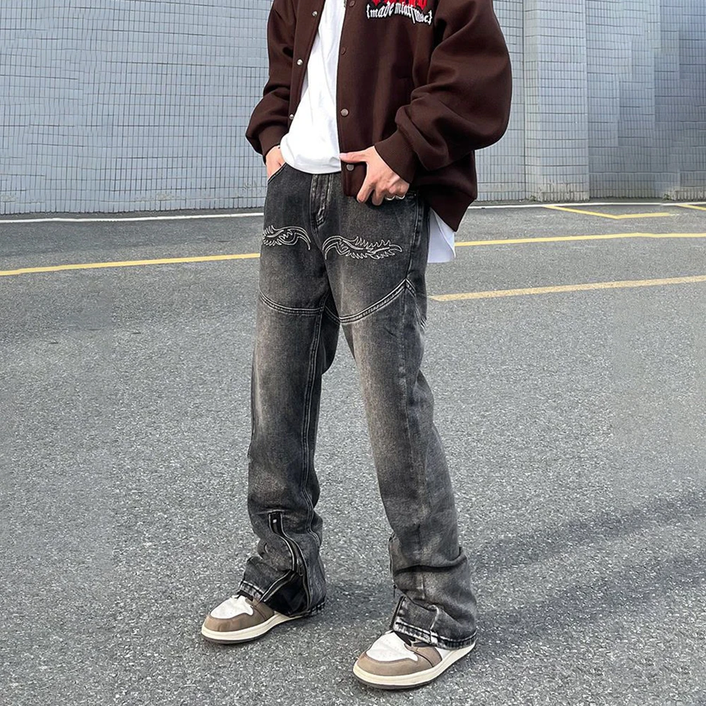 High Street Hip-Hop Embroidered Old Washed Jeans Men's New Fried Street Niche Design Straight Trousers Trendy Zipper Slit Pants