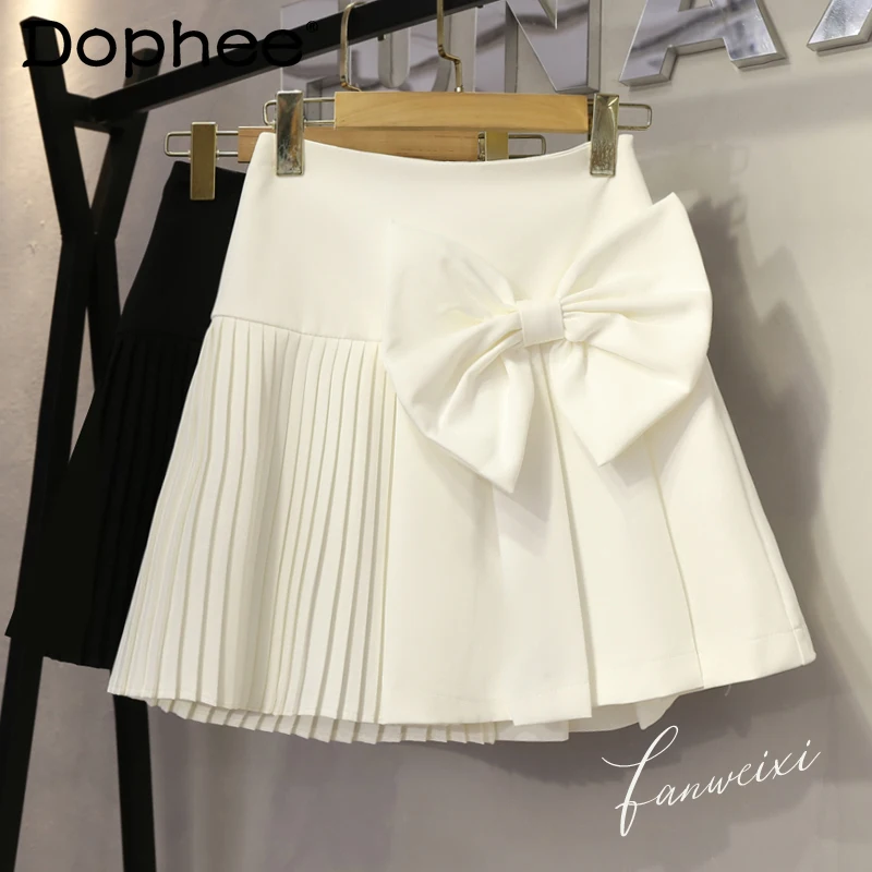 

Preppy Style 2022 Summer New Sweet Bow A Line Mini Skirt Women High Waist Slimming Sheath Short Skirt Female White Pleated Skirt