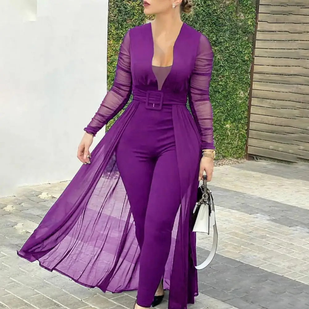 

Women Fashion Sheer Patchwork Skinny Jumpsuit Clothes Jumpsuit Belt for Party