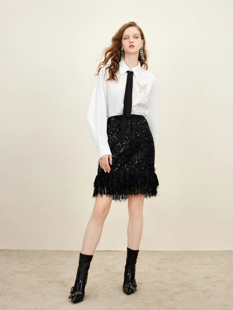 Cocoa Co2024 Осенне-зимняя одежда High Sense Топ с бантом и вышивкой Белые рубашки длинными