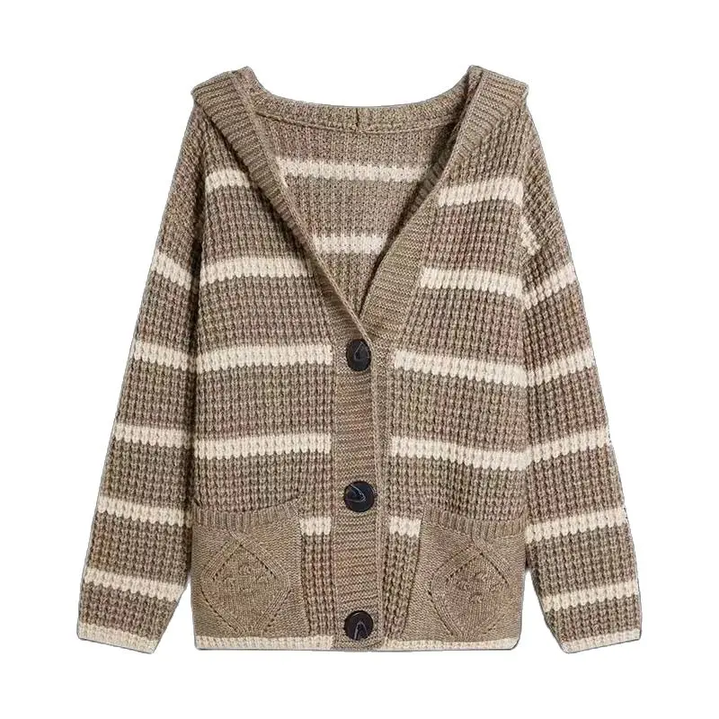 Женский вязаный кардиган в полоску с капюшоном и длинным рукавом