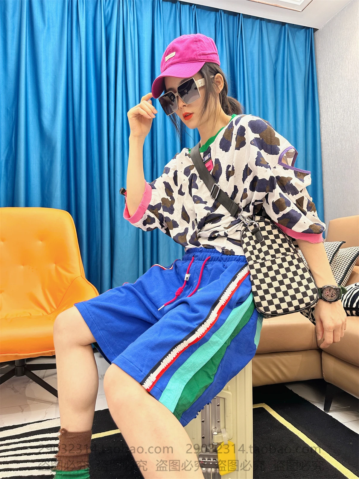 Contrast Color Casual Sports Broken Holes Shorts Pants Women's 2023 Summer New High Waist Wide Leg Short Pants Loose Shorts