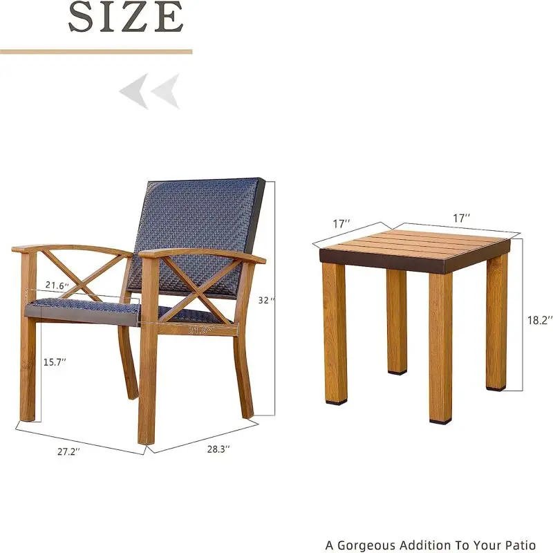 

3 Pieces Set Wicker Padded Porch Chairs with Wood Grain Aluminum Coffee Table Outdoor Conversation with Beige Sunbrella