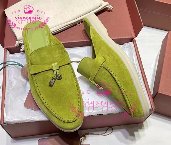 2023 New Round Toe Women Flat Mules Metal Tassel Thick Sole Casual Slides High Quality Suede Mixed Color Women Men Mules