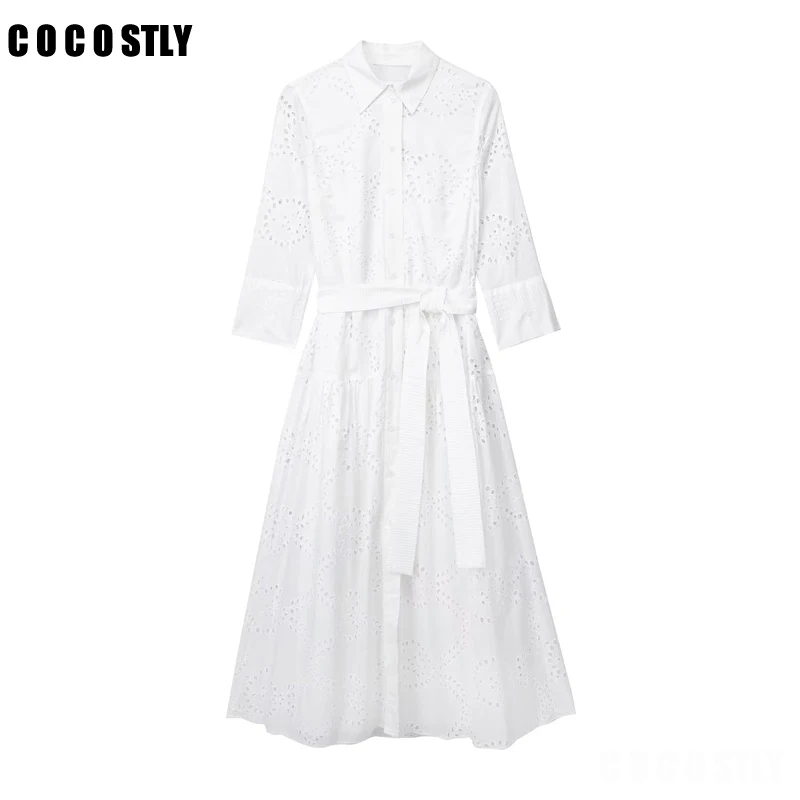 

Женское платье-рубашка с вышивкой, однобортное платье средней длины с поясом, Сарафан Макси, лето 2023