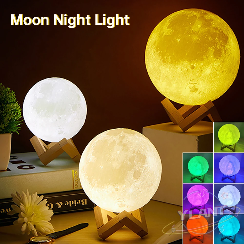 

LED Night Light 3D Print Moon Lamp 8CM/12CM Battery Powered with Stand Starry Lamp 7 Color Bedroom Decor Night Lights Kids Gift