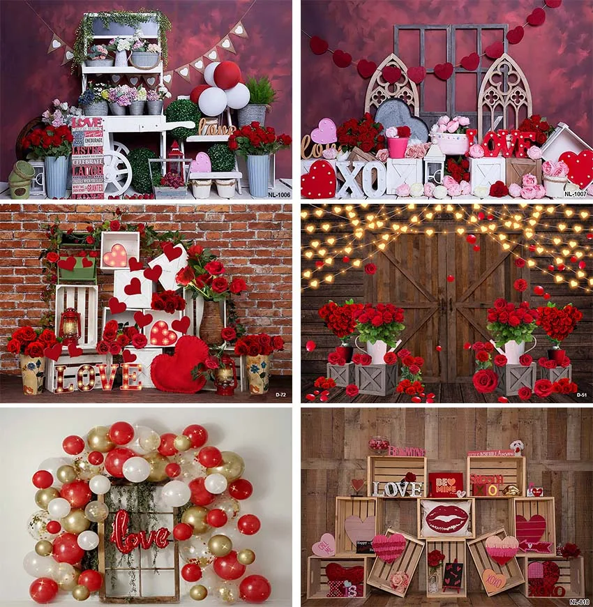 

Valentine's Day February 14 Photography Backdrop Wood Board Glitter Love Heart Rose Wedding Baby Shower Background Photo Studio