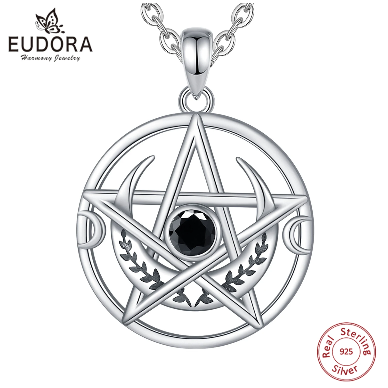 

Eudora 925 Sterling Silver Witch Pentagram Necklace for Man Women Moon Peace Amulet Pendant Tetragrammaton Jewelry Wicca Gift