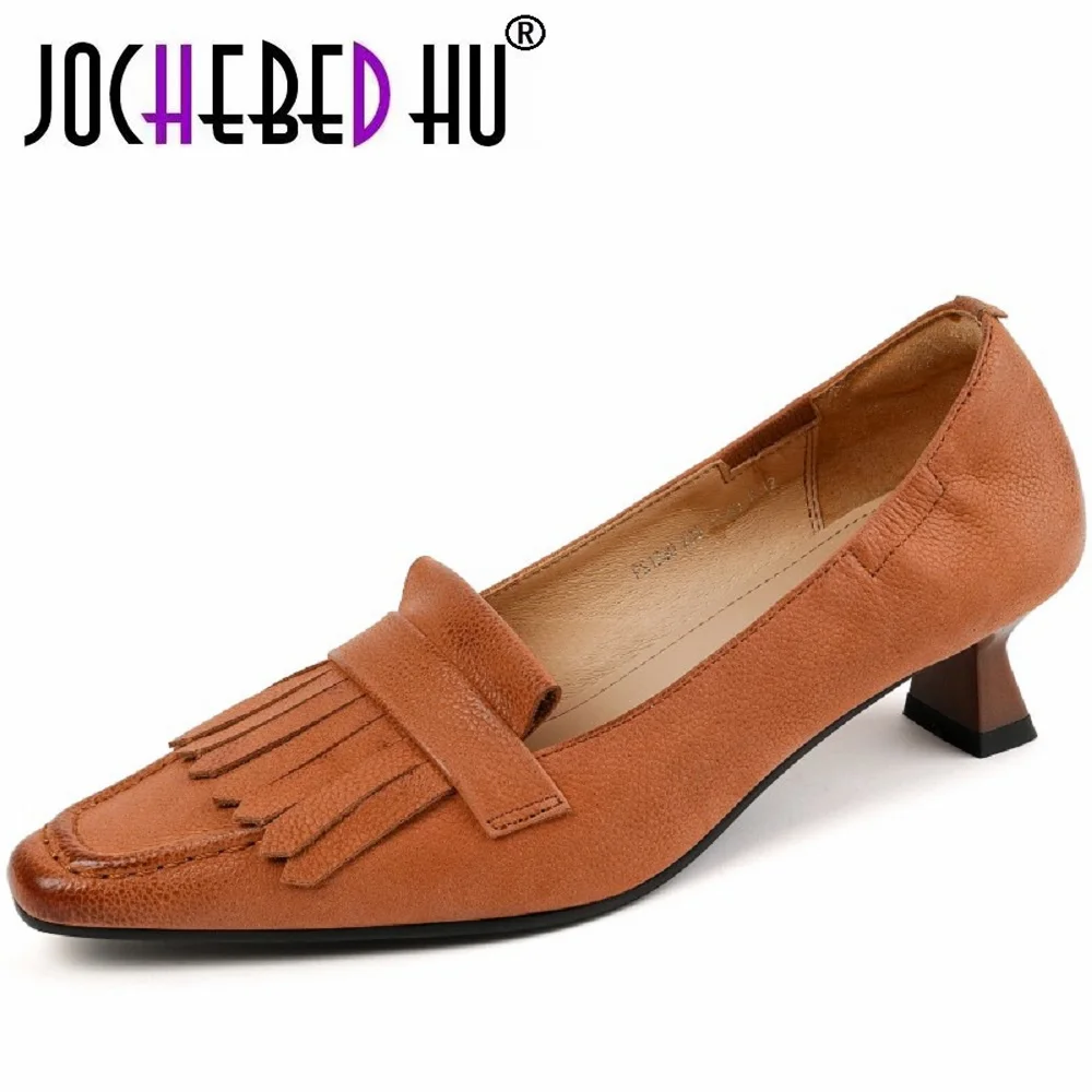 

【JOCHEBED HU】2023 Brand Genuine Leather Women Loafers Shoes Thick Heels Pumps Tassel Square Toe Mid Heel Ladies Footwear 34-40
