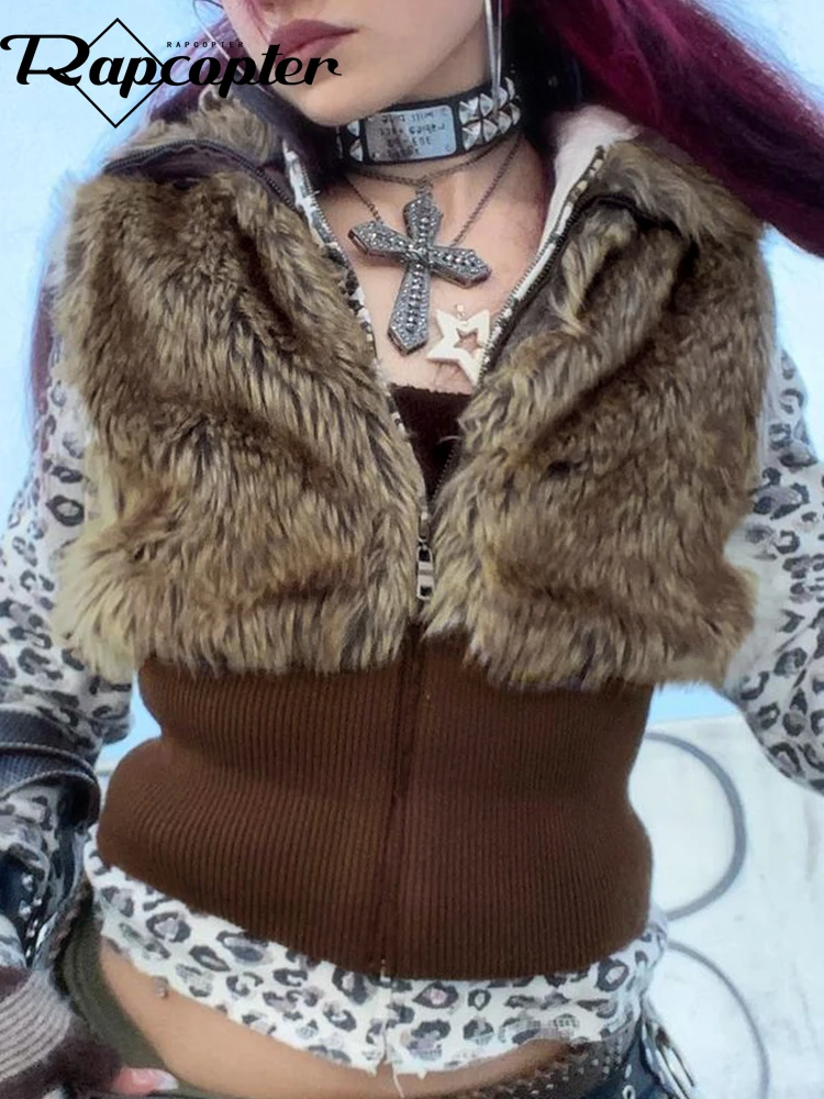 Пиджак Rapcopter y2k с мехом стоячий воротник коричневые винтажные майки без рукавов