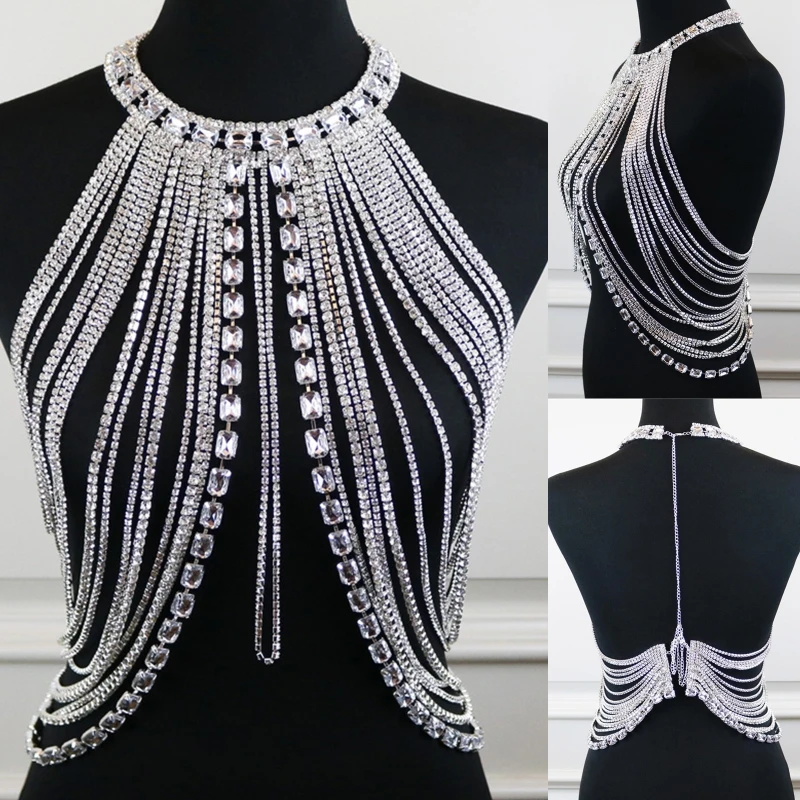 

Women Layered Rhinestone Tassel Body Chain Belly Waist Bra Boho Bikini Crystal Necklace Summer Beach Harness Jewelry DXAA