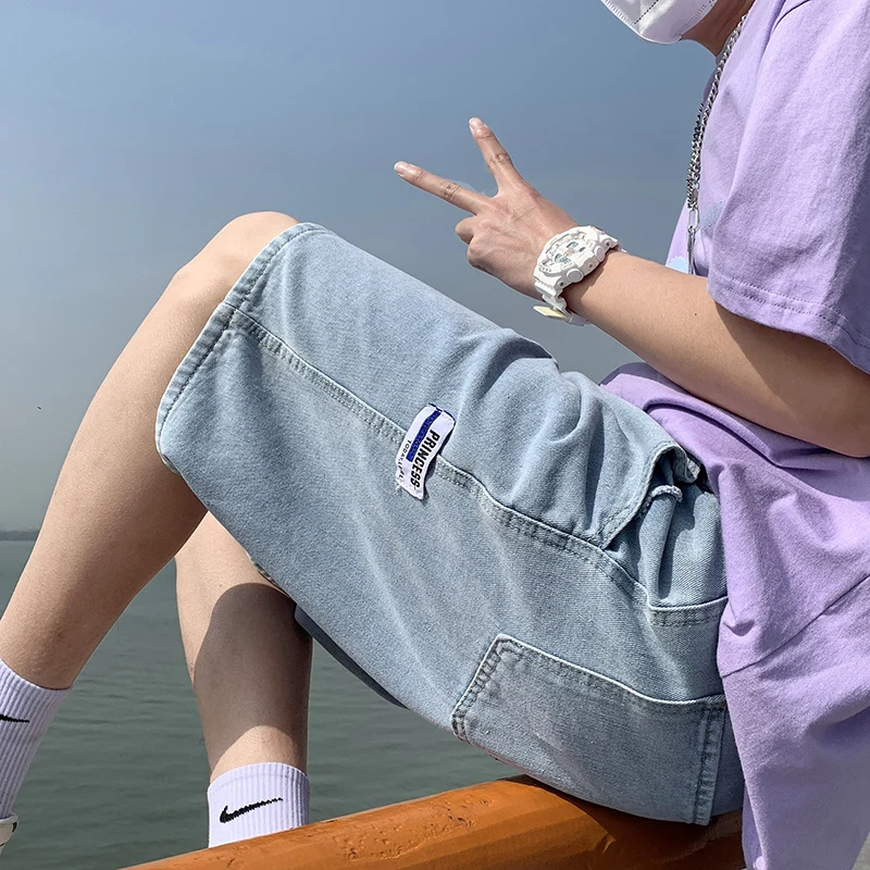 

Men's Denim Shorts Summer Baggy Wide Leg Short Jeans Korean Fashion Light Blue Casual Straight Hip Hop Streetwear Brand Clothes