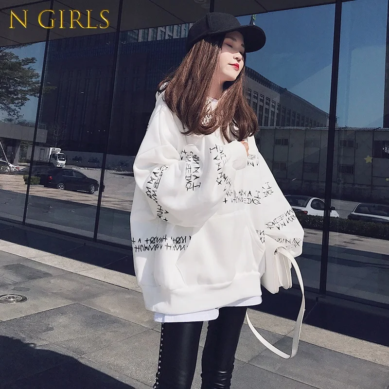 

N GIRLS Hoodies Women Winter Thicker Aesthetic Warm Letter Printed Loose Harajuku Korean Style Young Ladies Chic All-match