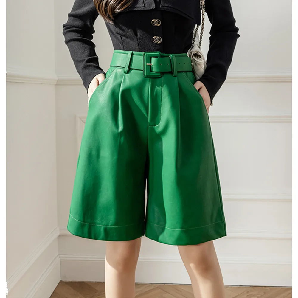 

Зеленые женские полубрюки из искусственной кожи с поясом, новинка осень-зима 2022, широкие брюки, женские брюки с карманами