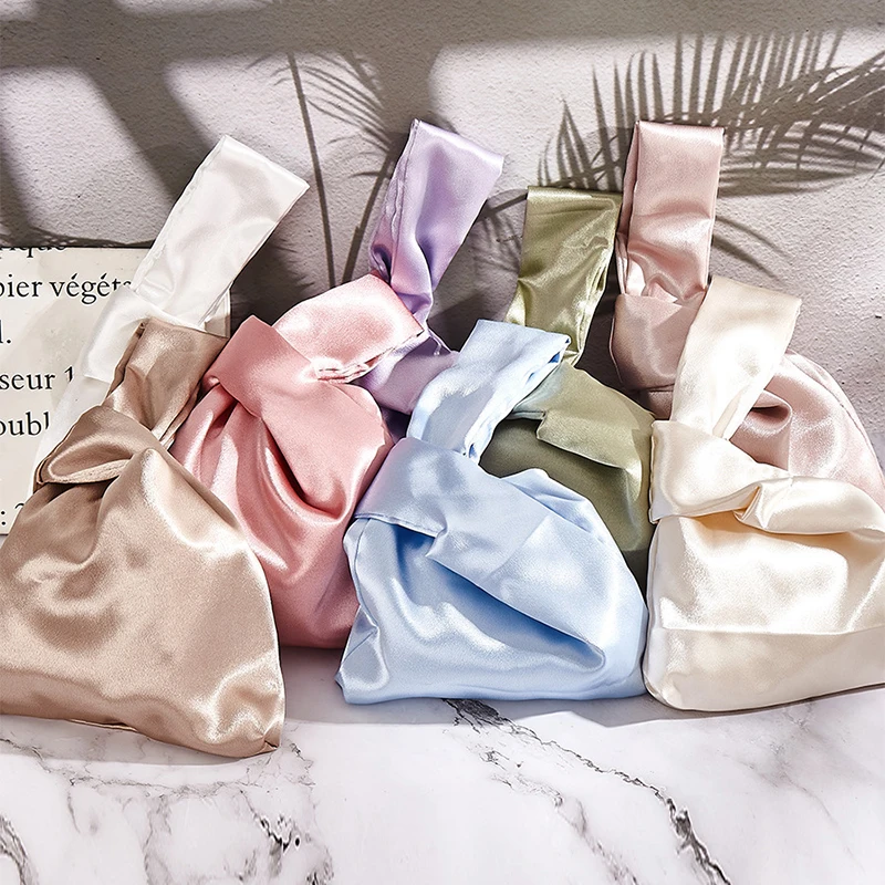Japanese Silk Coin Wallet Purse Tote Handbag Wrist Bag Knot Bag Folding Bags Women's Tote Solid Color Storage Bag