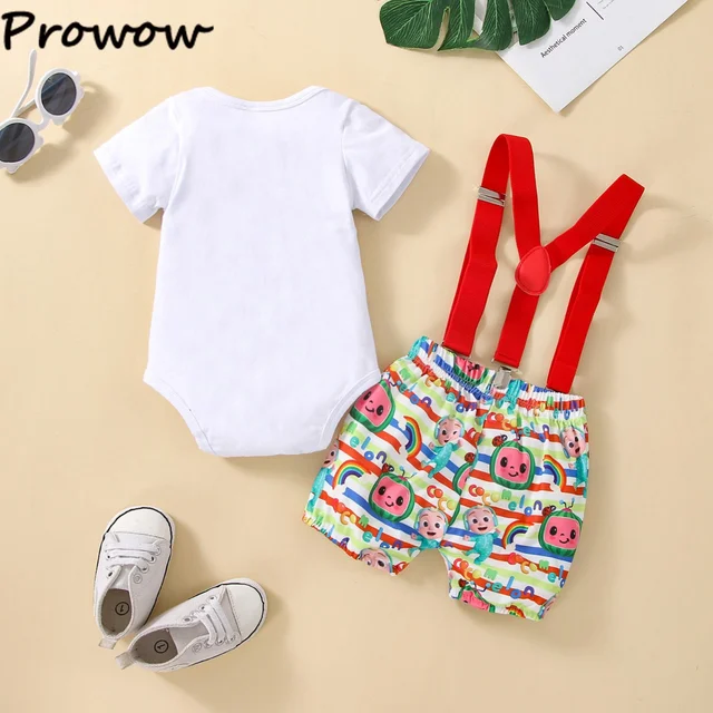 Prowow 0-18M Baby Boy First Birthday Outfits Cartoon Smile Printed Number"1" Romper+Suspender Overalls Hundred Day Baby Clothes 2