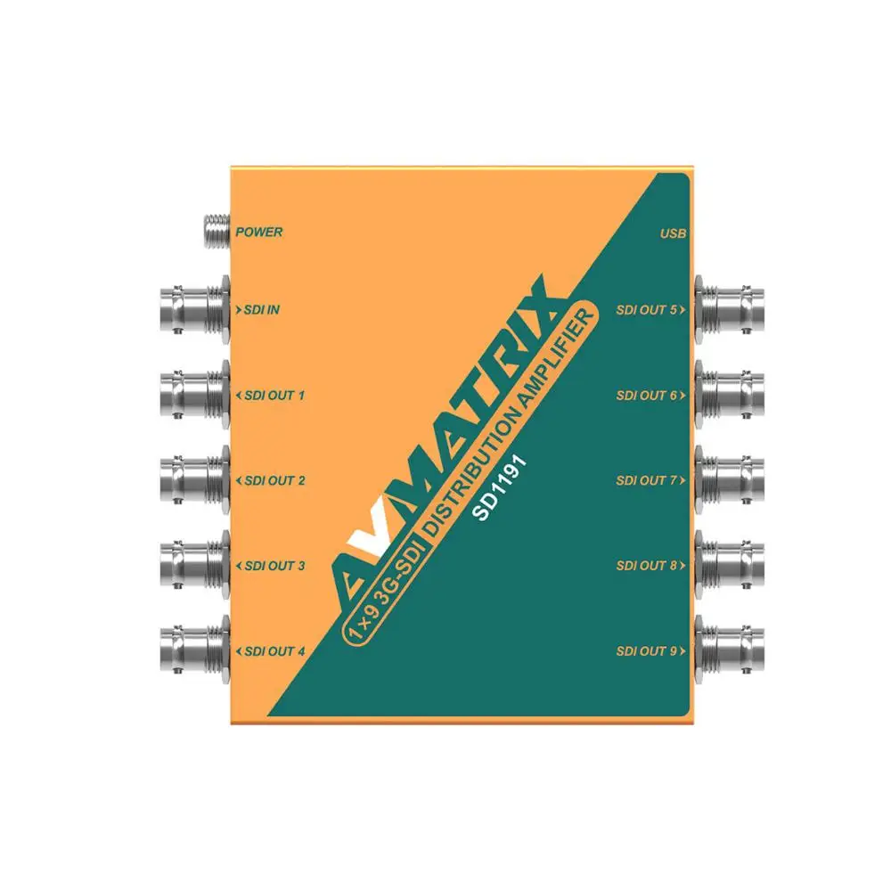 

AVMATRIX SD1191 1×9 3G/HD/3G-SDI Multi-rate Signal Processing Buffered Re-clocking Outputs Distribution Amplifier