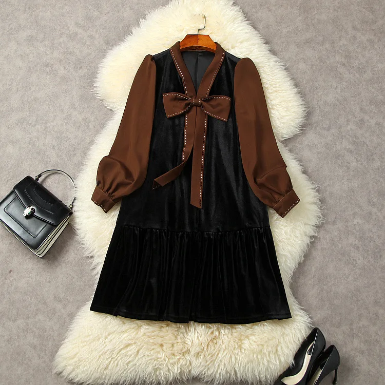 

European and American women's wear autumn 2022 new styles Long-sleeved bow V-neck Fashion stitching Contrasting colour dress